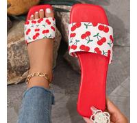 Modische rote flache Sandalen für Frauen, Kirsche gemusterte rutschfeste Sohlen Hausschuhe, Sommer