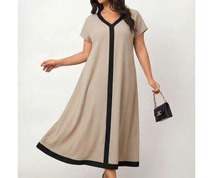 Modische Strandoutfits für Damen in Große Größen, Sommerkleider für Damen, lässiges Urlaubskleid in Khaki mit kontrastierendem schwarzen Rand, locker