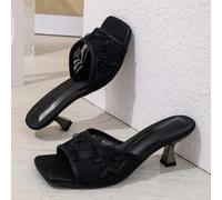 Modische und elegante Damen Peep-Zehen High Heel Schuhe, Damen Schwarz, Weiß, Blumen, Spitzen Muster Stiletto Slide Sandalen, Frühling/Sommer Neuheite