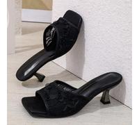 Modische und elegante Damen Peep-Zehen High Heels, Damen Schwarz, Weiß, Blumen, Spitzen Muster Stiletto Slide Sandalen, Frühling/Sommer Neuheiten, gee