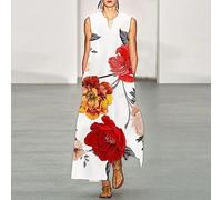 Modische Weiße Sommer-Damen-Maxikleider - Auffälliges, Ärmelloses Swing-Langes Kleid Mit Vintage-Blumendruck, Sexy Pulloverrock Mit V-Ausschnitt, Party, Strand, Urlaub, Fließendes Sommerkleid, Xl