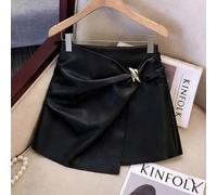 Modischer, eleganter und vielseitiger Damen-Lederrock mit asymmetrischer Metallschnallen-Verzierung für Partys