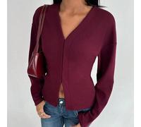 Modischer französischer Retro V-Ausschnitt Oversized Burgunder Strick T-Shirt Damen Langarm Damen Winter Oberteil