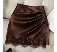 Modischer neuer asymmetrischer kurzer Satinrock, eleganter französischer Retro-Satin-Braunblumen-Patchwork-Lässig-Rock, hochtaillierter figurbetonter