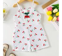 Modischer, süßer Romper für Kleinkind Mädchen, aus geripptem Strickstoff mit digitalem Kirsch-Grafikdruck, ärmelloser Jumpsuit-Shorts, Lässig-Outfit f
