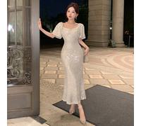 Modisches einfarbiges Glitzer-Kurzarmkleid für Frauen, Geburtstag, Silvester, Sommerfest, Heimkehr-Kleider, luxuriöse Abendkleider, Pailletten-elegant