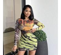 Modisches Farbblock figurbetontes Minikleid mit Rundhalsausschnitt und Langarm aus Mesh