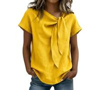 Modisches Kurzarm-Shirt für stilbewusste Frauen mit asymmetrischem Kragen-Bindeband, luftiges Baumwoll-Top mit Rollärmeln, elegant und lässig kombinierbar für Büro und Freizeit(Yellow, S)