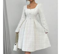 Modisches, lässiges und elegantes Kleid mit quadratischem Kragen, geraffter Taille, plissiertem A-Linien-Schnitt, Metallfadenstruktur, weiß, Langarm,