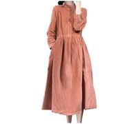 Modisches literarisches Vintage-Cord-Swing-Kleid mit Taschen-Design Langärmliges Button-Up-Stehkragen-Dolly-Kleid für Damen (Orange,L)