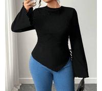 Modisches T-Shirt für Frauen in Große Größen mit einfarbigem Volant-Saum, Glockenärmeln und seitlichem Kordelzug, Herbstmode