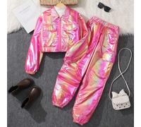 Modisches Tween Mädchen-Set aus umkehrbarer Spitzen-Motorradjacke und Jogginghose
