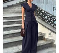 Modisches und elegantes 2 Stücke Damen-Outfit, ärmelloser gestreifter V-Ausschnitt Blazer-Top und plissierte Culotte-Hose Set, Sommer Urlaub Frühling