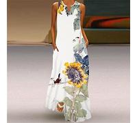Modisches Weißes Langes Damenkleid - Sexy V-Ausschnitt, Ärmelloses Sommerkleid, Abstrakte Blumen, Vogeldruck, Strandparty-Maxikleid, Lässiges Sommer-Reise-Ferien-Swing-Kleid, Pulloverrock, 4Xl