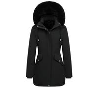 MOERDENG Langer Winter-Daunenmantel für Damen, dicker Fleece-gefütterter Parka, warme Pufferjacke mit abnehmbarer Kapuze aus Kunstfell, Schwarz, L