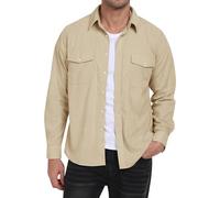 MoFiz Cordhemd Herren Langarm Freizeithemd Knop Hemdjacke Casual Arbeitshemd Button Up Winterhemd mit Klappentaschen Khaki EU L