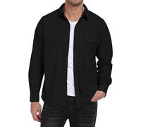 MoFiz Cordhemd Herren Langarm Freizeithemd Knop Hemdjacke Casual Arbeitshemd Button Up Winterhemd mit Klappentaschen Schwarz EU XL