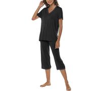 MoFiz Damen Pyjama Set Zweiteilige Nachtwäsche Kurzarm und Capri Hose Kurz Sleepwear Hausanzug V-Ausschnitt Sleepshirt Pyjamahose für Frühling Sommer Schwarz Größe XL