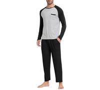 MoFiz Herren Schlafanzug Lang Pyjamaset Zweiteiliger Set Weich Hausanzug Rundhals Langarm T-Shirt und Schlafhose Lang Nachtwäsche Freizeitanzug mit Brusttasche Schwarz EU XL