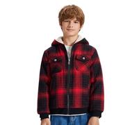 MoFiz Sweatjacke Kariert Jungen Winterjacke mit Kapuze Warm Gefüttert Kinder Langarm Kapuzenjacke Voller Reißverschluss Fleecejacke Hoodie Schwarz-Rot XS (DE110-122)
