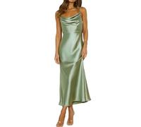 Mogidol Sommerkleid, Satin, Spaghettiträger, Wasserfallausschnitt, rückenfrei, Midi-Kleid, Elegante Schnürung mit niedrigem Rücken, gerüschtes Cocktailkleid, Salbei, Groß