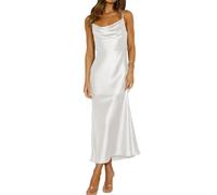 Mogidol Sommerkleid, Satin, Spaghettiträger, Wasserfallausschnitt, rückenfrei, Midi-Kleid, Elegante Schnürung mit niedrigem Rücken, gerüschtes Cocktailkleid, Weiss/opulenter Garten, Klein