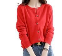 MOGSA Damen Cardigan-Pullover Strickjacke Rot M (50-55 kg) - A-gerade, V-Ausschnitt, Langarm, Business Casual, Rot, Polyester-Mischung