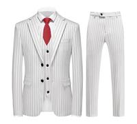 MOGU 3-teiliger Herrenanzug mit Nadelstreifen, schmale Passform, doppelte Belüftungsschlitze, Smoking, Jacke, Weste und Hose, Freizeitkleid-Set, Weiss/opulenter Garten, XL