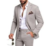 MOGU Herren-Leinenanzug, 2-teilig, einfarbig, Strandkleidung, lässig, schmale Passform, Anzüge mit Jacke und Hose für Sommer, Bräutigam, Hochzeit