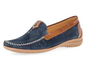 Mokassin GABOR "FLORENZ", Damen, Gr. 36, blau (blau, cognac), Kalbsleder, Nubukleder, Schuhe Mokassin, Slipper, Schlupfschuh, Bequmschuh mit Kontrastnaht, Weite G (=weit) (27840759-36) blau, cognac