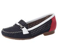 Mokassin RIEKER, Damen, Gr. 36, dunkelblau, rot, weiß, Nubuklederimitat, Schuhe Mokassin, Slipper, Sommerschuh mit toller Schmuckspange (73403147-36)