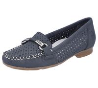 Mokassin RIEKER, Damen, Gr. 40, blau (dunkelblau), Nubuklederimitat, elegant, Schuhe, Slipper, Sommerschuh mit toller Schmuckspange (16003867-40) dunkelblau