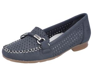 Mokassin RIEKER, Damen, Gr. 40, blau (dunkelblau), Nubuklederimitat, Schuhe Mokassin, Slipper, Sommerschuh mit toller Schmuckspange, Topseller (16003867-40)