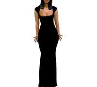 Mokayee Damen-Sommerkleid, Flügelärmel, quadratischer Ausschnitt, elegant, lässig, figurbetont, schmal, Maxi-Abendkleid, Party, langes Kleid, Schwarz, Mittel