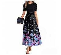 MOKBAY Kleid Damen Sommer Elegant Sommerkleid Langes Sommer Strickkleid Lang Blumen Blaues Geripptes Kleid Strand Damen Blümchenkleid Elegante L