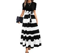 MOKBAY Kleid Sommer Elegant Sommerkleid Damen Maxi Kleid Elegant Trägerkleid Strickkleid Lang Sommerkleider Gestreift Lange Schicke Blau Plisseekleid Damen M