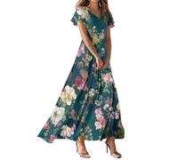MOKBAY Long Kleider Damen Sommer Blumenprint Elegante Kleider Frühlingskleider Grüne Kleid Sommer Lockeres Boho Kleid Weiß Strandkleid Maxi Hemdblusenkleid Damen Lang XL