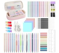 MoKo 56 Stück Schulbedarf mit Federtasche, niedliches Schreibwaren-Set für Studenten Büro, 12 Gel-Stifte, 12 Pastell-Highlighter, 6 Druckbleistifte 0,5 & 0,7mm, Haftnotiz-Registerkarte (Rosa)