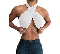 Mokoru Damen Sexy Ärmellos Neckholder Criss Cross Tank Crop Tops Selbstbinden Rückenfrei Cami, Weiß, Large-X-Large