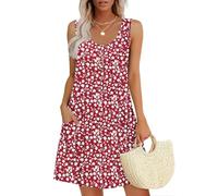 MOLERANI Damen Sommerkleider Ärmellos Kleid mit Rundhalsausschnitt Lässig Locker Midikleid mit Taschen Kleine rote Blumen 2XL