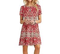 MOLERANI Damen Sommerkleider Casual T-Shirt Kurzarm Strandkleid Loose Swing Damen Kleid (S, Boho Blumenrot)