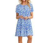 MOLERANI Damen Sommerkleider Casual T-Shirt Kurzarm Strandkleid Loose Swing Damenkleid Blaue, weiße Blume M