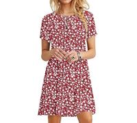 MOLERANI Damen Sommerkleider Casual T-Shirt Kurzarm Strandkleid Loose Swing Damenkleid Rote Blume XL