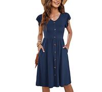 MOLERANI Damen Sommerkleider Rüschen Ärmel V-Ausschnitt Casual Swing Elastische Taille Midi Kleid mit Taschen Tiefmarineblau S