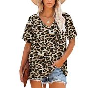 MOLERANI Damen T Shirts Kurzarm V-Ausschnitt Gestreifte Sommer Tops Casual Lose T-Shirt BN BK Leopard XL
