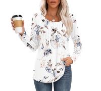 MOLERANI Langarmshirt Damen Elegant Oberteile Rundhals Locker T-Shirt mit Plissee Casual Basic Shirt Bluse Floral Weiß S