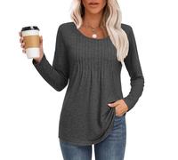 MOLERANI Langarmshirt Damen Elegant Oberteile Rundhals Locker T-Shirt mit Plissee Casual Basic Shirt Bluse Grau S