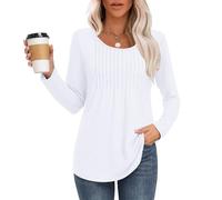 MOLERANI Langarmshirt Damen Elegant Oberteile Rundhals Locker T-Shirt mit Plissee Casual Basic Shirt Bluse Weiß 2XL