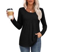 MOLERANI Langarmshirt Damen Elegant Oberteile Rundhals Locker T-Shirt mit Plissee Casual Basic Shirt Bluse Schwarz S