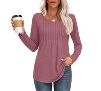 MOLERANI Langarmshirt Damen Elegant Oberteile Rundhals Locker T-Shirt mit Plissee Casual Basic Shirt Bluse Rosa L